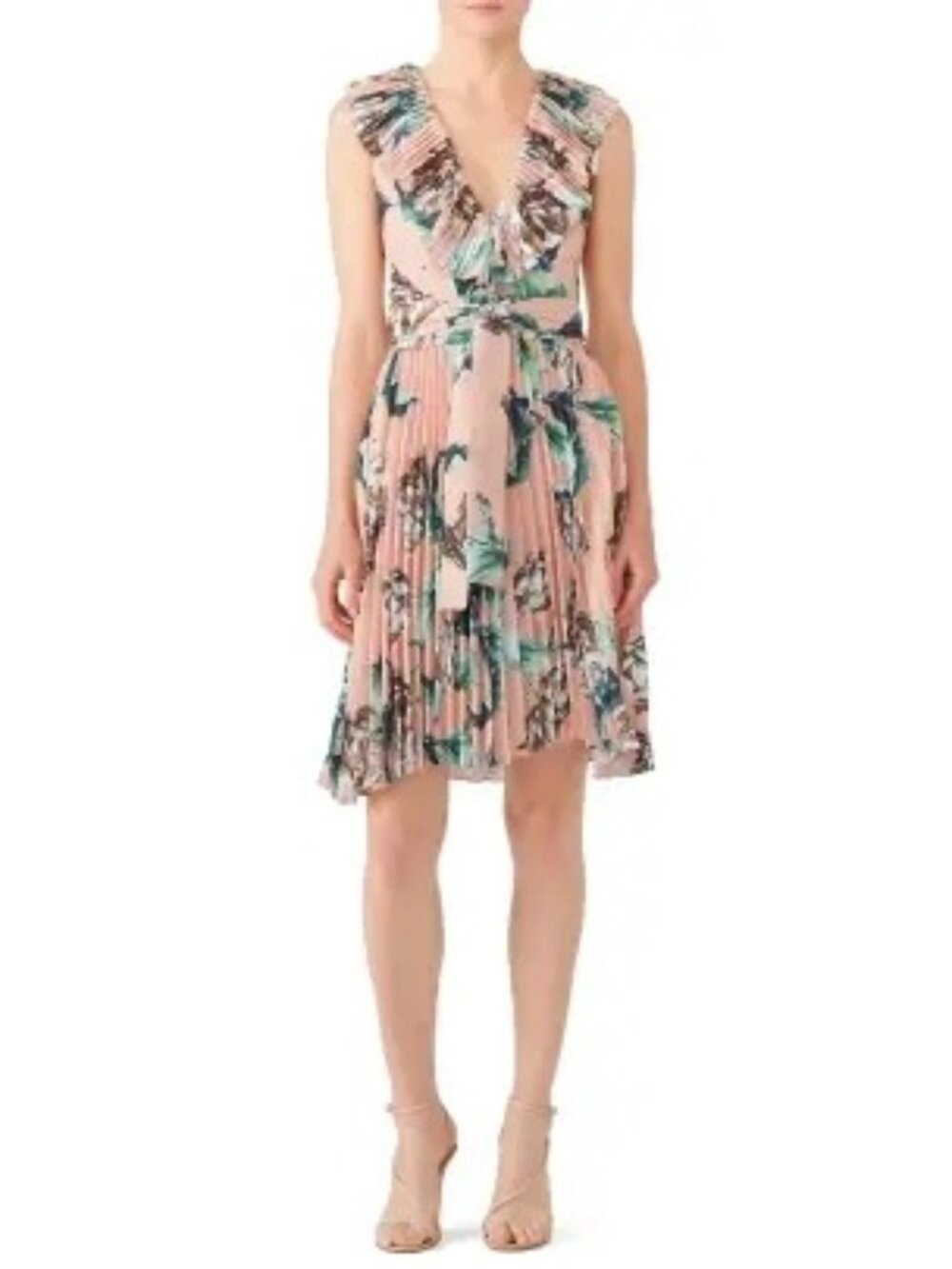 PatBO Pink Floral Pleated V-Neck Dress